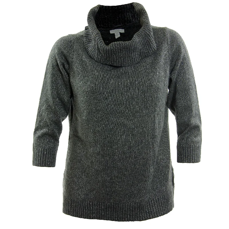 Charter Club Grey Shimmer 3/4 Sleeve Cowl Neck Sweater Mesh Sweater Canvas Denim