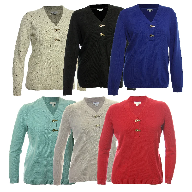Charter Club Long Sleeve Goldtone Hardware Pull Over Henley Sweater Boxy Sweater Fitted Sweater A-Line