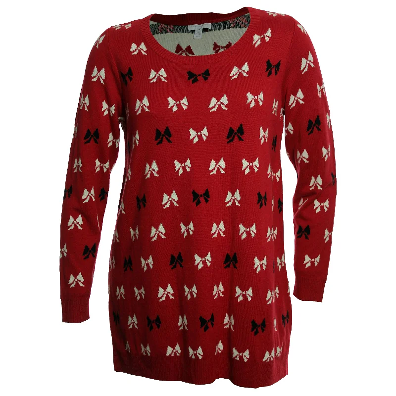 Charter Club Red Bow Print Long Sleeve Pull Over Tunic Sweater Satin Blend Silk Blend Wool Blend