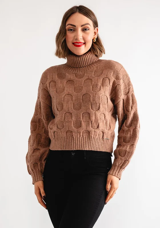 Goa Goa Textured Knit Lurex Polo Crop Jumper, Bronze Ribbed Striped Patterned