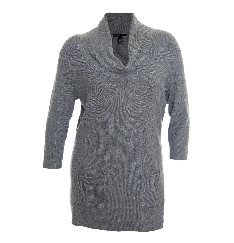 INC Gray 3/4 Sleeve Cowl Neck Textured Tunic Lightweight Sweater Chenille Blend Fleece Blend Nylon Blend