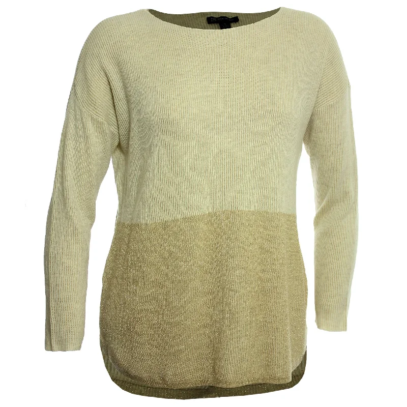 INC Beige / Gold Two Tone Long Sleeve Boat Neck Sweater Mesh Sweater Canvas Denim