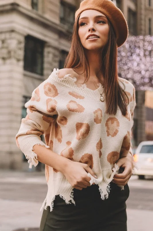 Ivory Leopard Print V-Neck Distressed Casual Soft Sweater Womens Zippered Buttoned Snapped Ivory Leopard Print V-Neck Distressed Casual Soft Sweater Womens Zippered Buttoned Snapped