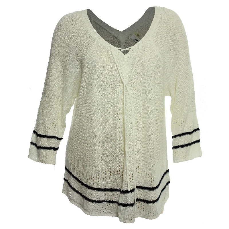 NY Collection Multi Color Long Sleeve Lace Up Pointell Sweater Modern Contemporary Chic