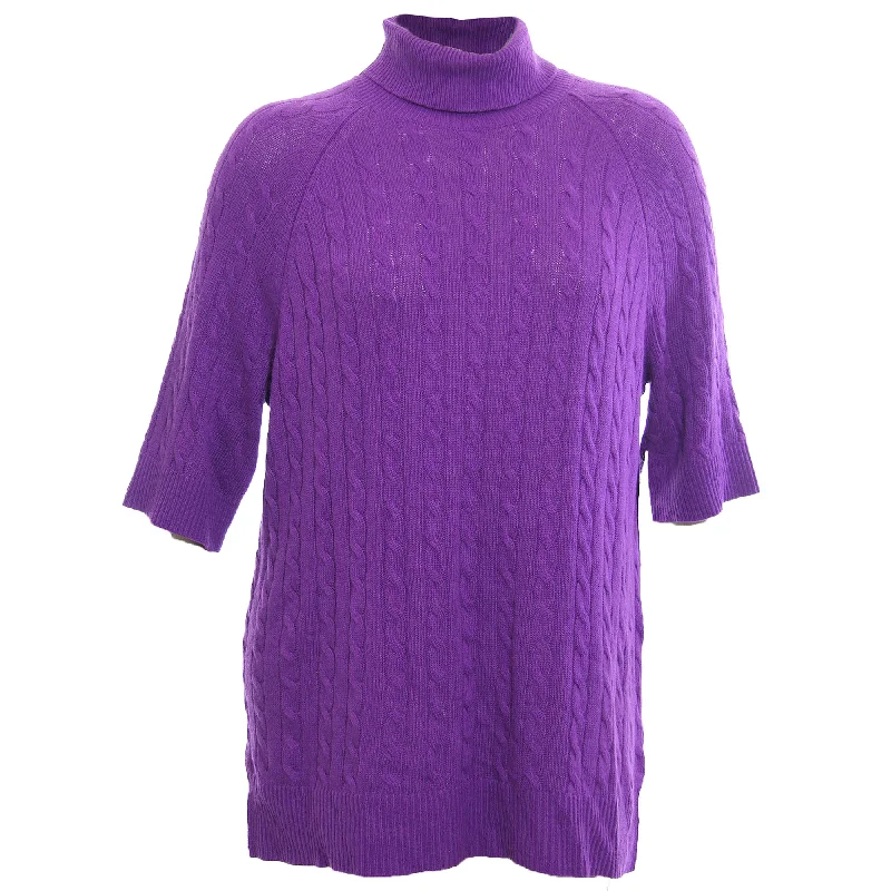Ralph Lauren Purple 3/4 Sleeve Turtleneck Cashmere Wool Cable Knit Sweater Elasticated Padded Insulated Ralph Lauren Purple 3/4 Sleeve Turtleneck Cashmere Wool Cable Knit Sweater Elasticated Padded Insulated