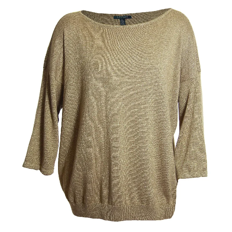 Ralph Lauren Gold Lurex Shimmer 3/4 Sleeve Wool Blend Pull Over Sweater Iron Safe Non-Iron Wrinkle Free Ralph Lauren Gold Lurex Shimmer 3/4 Sleeve Wool Blend Pull Over Sweater Iron Safe Non-Iron Wrinkle Free