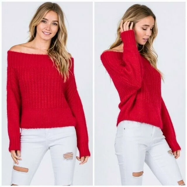 Red Off Shoulder Knit Long Sleeve Sweater Womens Casual Beaded Sweater Sequined Faux Fur Red Off Shoulder Knit Long Sleeve Sweater Womens Casual Beaded Sweater Sequined Faux Fur
