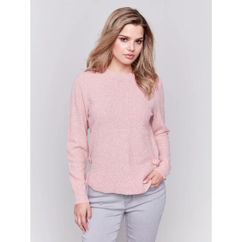 Round Hem Sweater w/ Side Tab & Button Layered Multi-layer Single Layer