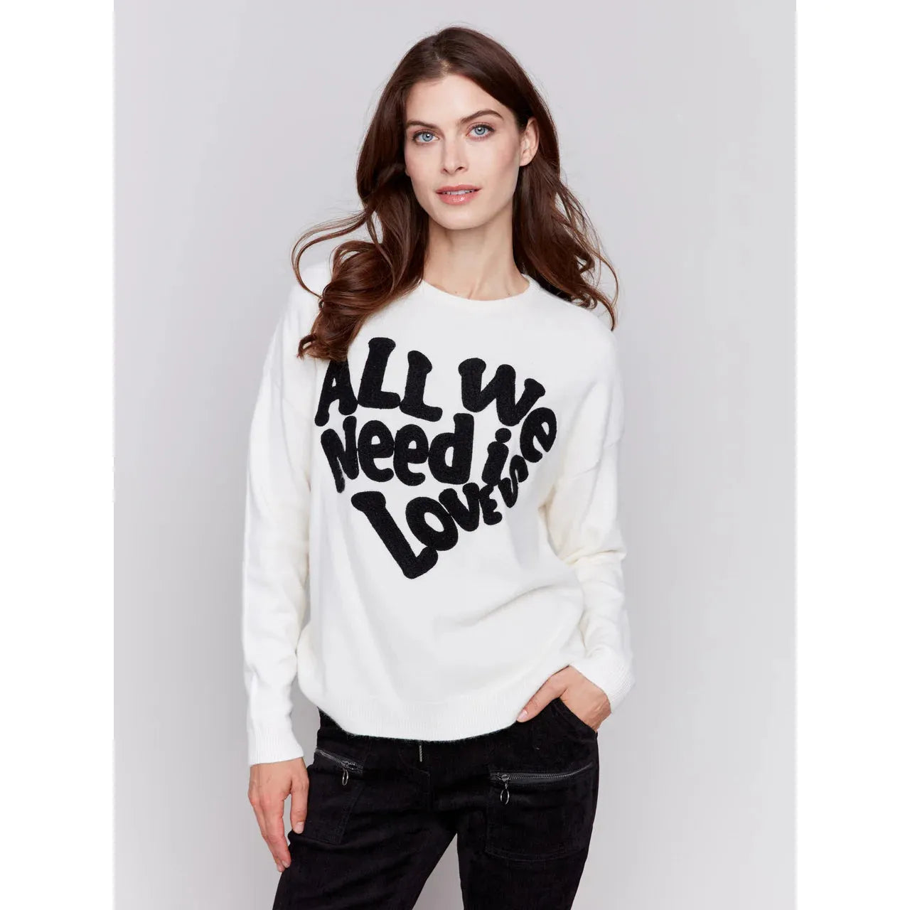 Crew Neck Sweater with Love Embroidery | Ecru Seamless Knitted Crochet