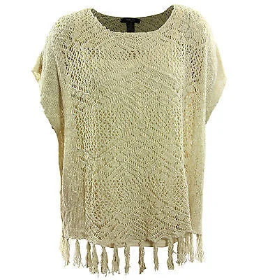 Style & Co Ivory Short Sleeve Open Knit Fringed Sweater Terry Terry Cloth Terry Knit