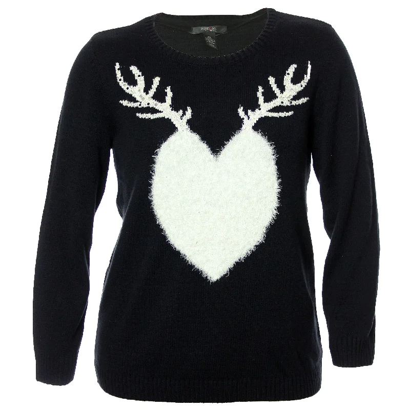 Style & Co Black Long Sleeve w/ White Embellished Fluffy Reindeer Sweater Zippered Front Buttoned Front Snap Front
