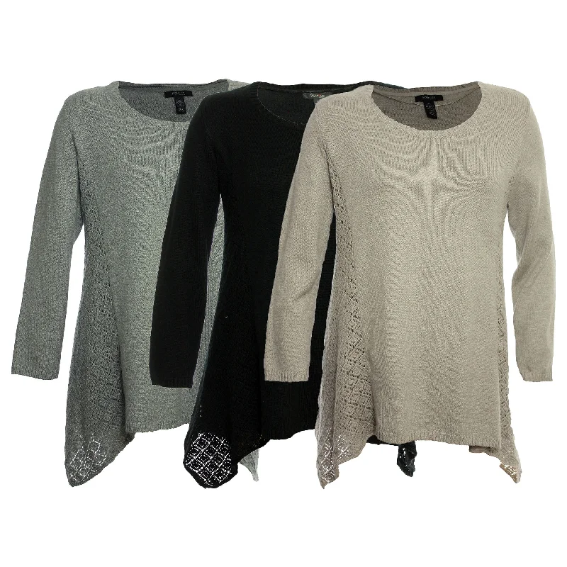 Style & Co. Long Sleeve Pointelle Inset Sharkbite Hem Scoop Neck Sweater High Neck Crew Neck V-Neck