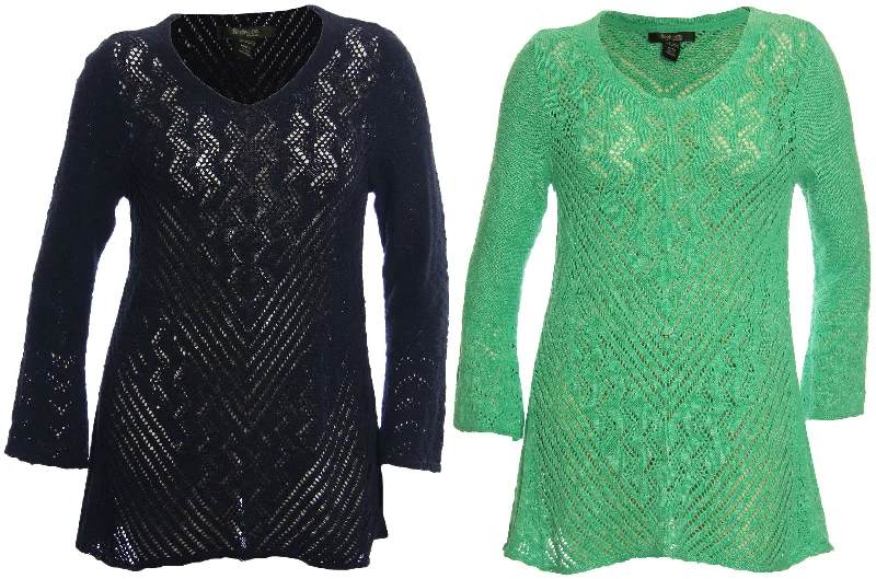 Style & Co Long Sleeve V-Neck Open Weave Pointelle Sweater Ribbed Striped Patterned