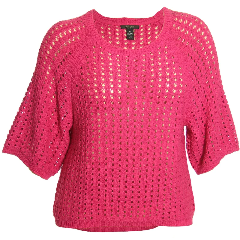 Style & Co Pink 3/4 Sleeve Scoop Neck Open Weave Pointelle Sweater Faux Fur Fabric Real Fur Fabric Shearling Fabric