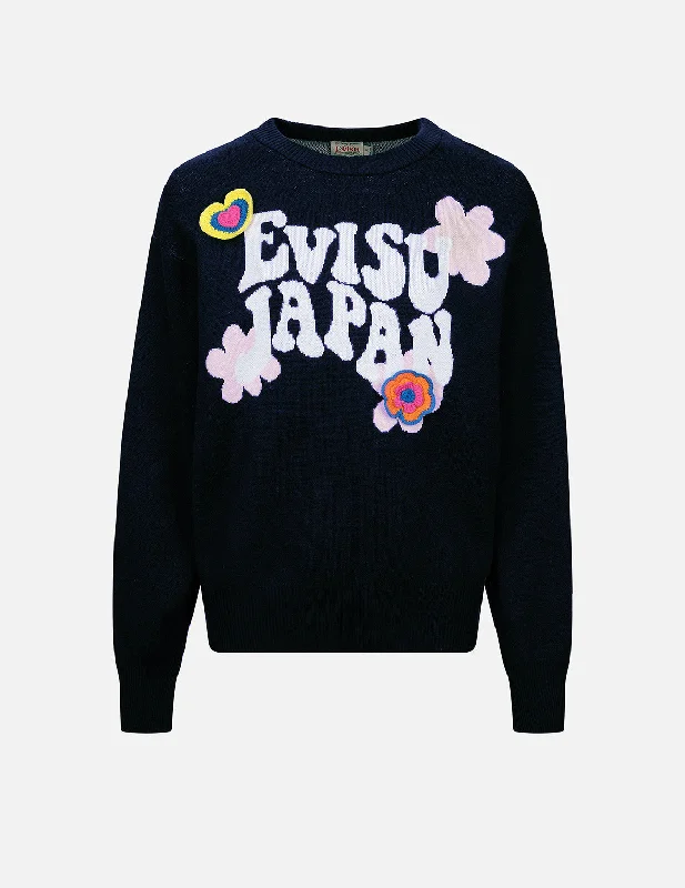 Text Jacquard Fashion Fit Knit Sweater with Crochet Badges Seamless Knitted Crochet