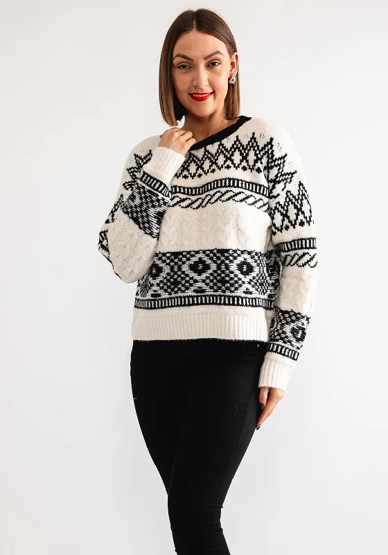 Tiffosi Clete Fairisle Knit Jumper, Cream Houndstooth Herringbone Solid