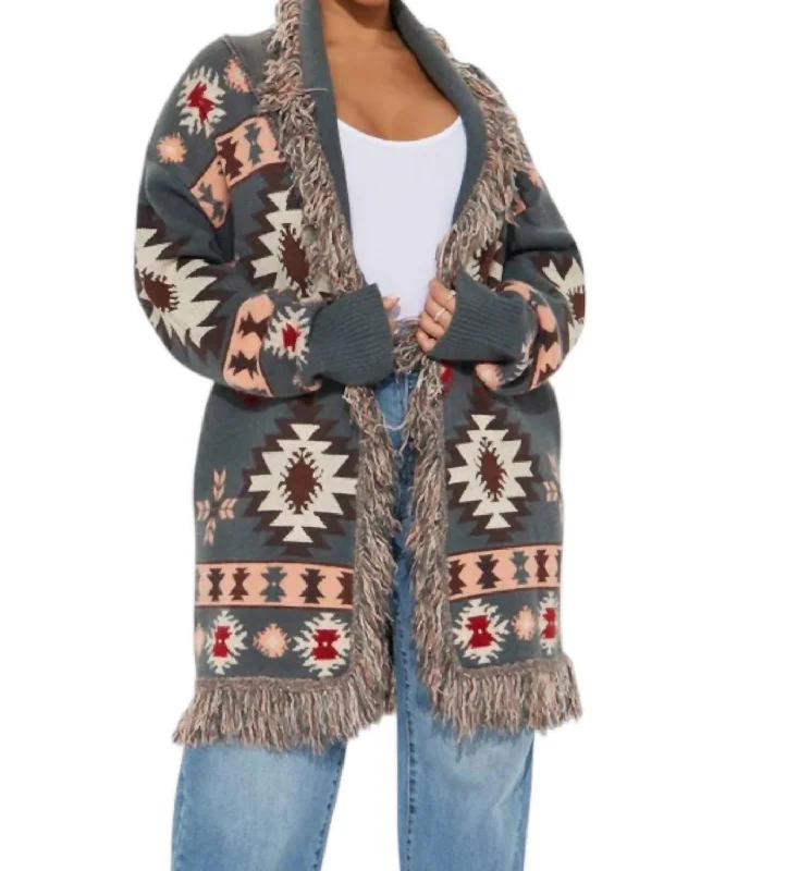 Aztec Sweater Cardigan In Teal Neon Metallic Matte