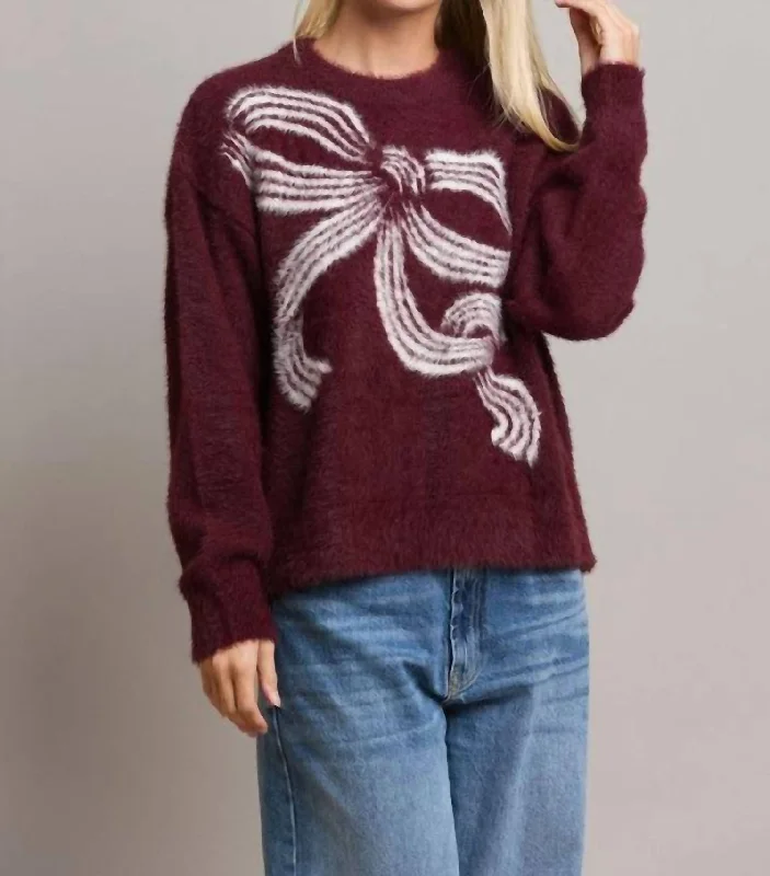 Bow Fuzzy Sweater In Burgundy Sweater Knitwear Pullover