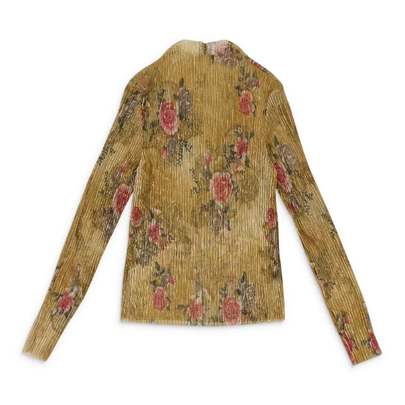 CALLIPYGIAN FLORAL PLEATED TURTLENECK GOLD SWEATER Terry Blend Velvet Blend Canvas Blend