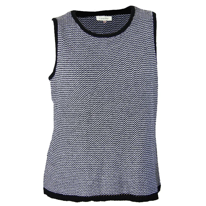 Calvin Klein Black & White Zig Zag Sleeveless Sweater Knit Top Denim Fabric Leather Fabric Suede Fabric