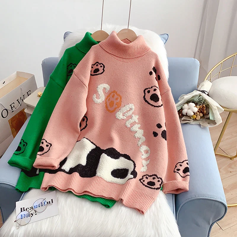 College style cute cartoon sweater loose lazy style  5234 Mesh Blend Leather Blend Suede Blend