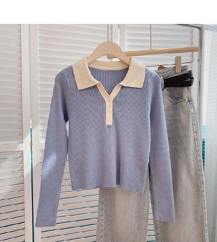 Color blocking slim fit short sweater casual slim long sleeve 6685 Turtle Neck Boat Neck Asymmetrical Neck Color blocking slim fit short sweater casual slim long sleeve 6685 Turtle Neck Boat Neck Asymmetrical Neck