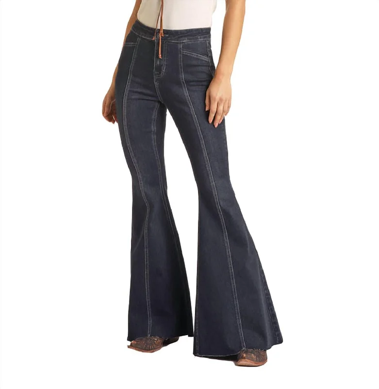 Cowgirl Front Seam Bargain Bell Flare Stretch Jean In Dark Wash Fashionable Relaxed Fit Denim