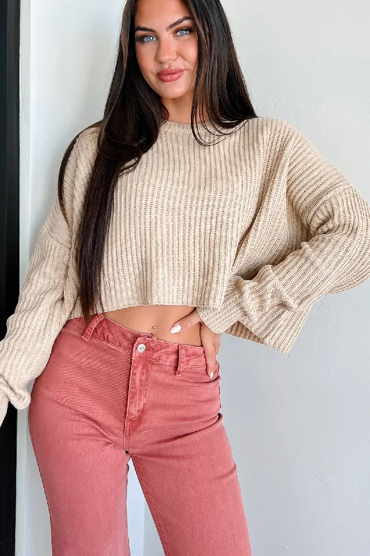 Coziest Memories Crewneck Crop Sweater (Taupe) Stretchy Elastic Breathable