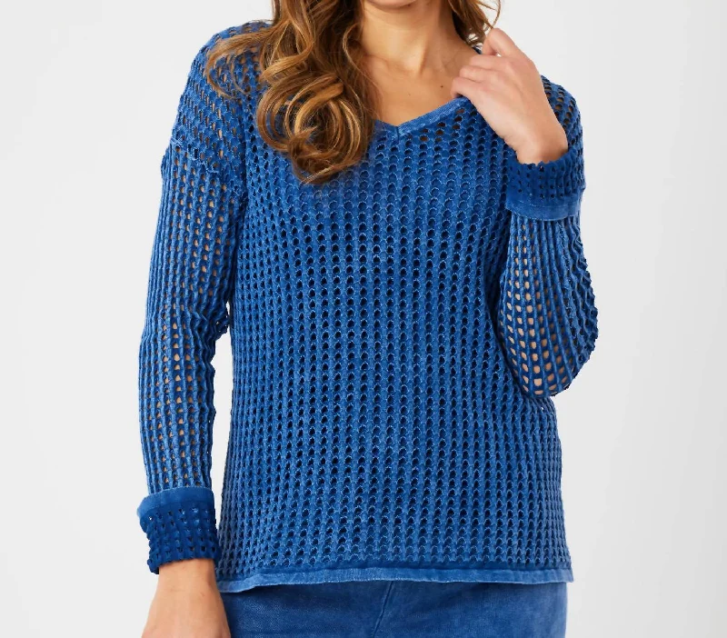 Crochet V-Neck Sweater In Denim Fitted Loose Oversized