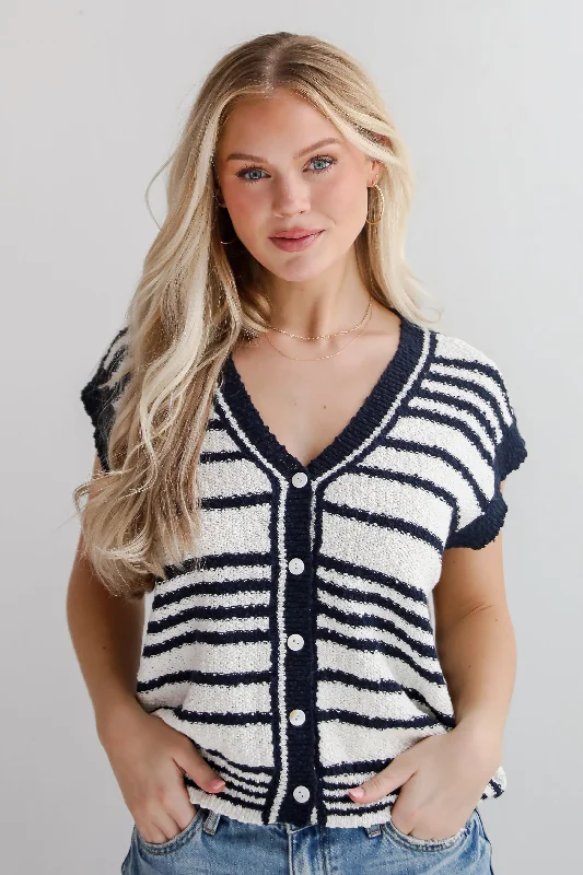 Cutest Coziness White Striped Sweater Vest Ribbed Striped Patterned