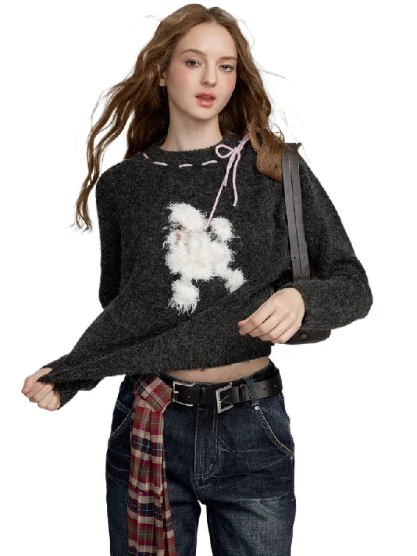 Dog Motif Wool Blend Sweater Transparent Opaque Sheer