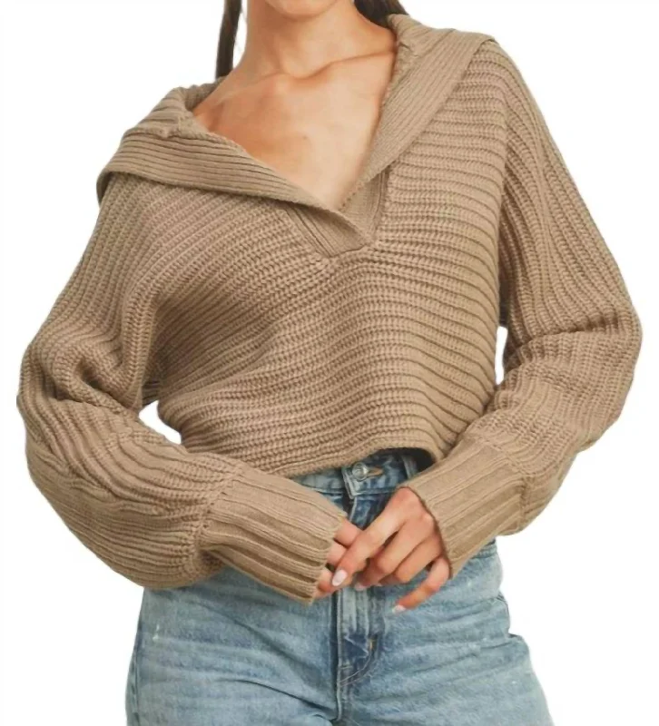 Drama Collar V Neck Sweater In Taupe Stretchy Elastic Breathable