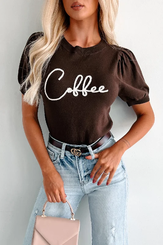 Drink Of Choice 'Coffee' Embroidered Sweater Top (Chocolate/Ivory) Seamless Knitted Crochet Drink Of Choice 'Coffee' Embroidered Sweater Top (Chocolate/Ivory) Seamless Knitted Crochet