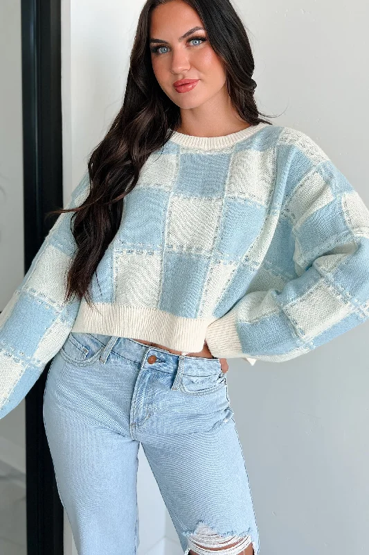 Fall Into Happiness Checkered Sweater Top (Dusty Blue/Cream) Modern Contemporary Chic Fall Into Happiness Checkered Sweater Top (Dusty Blue/Cream) Modern Contemporary Chic