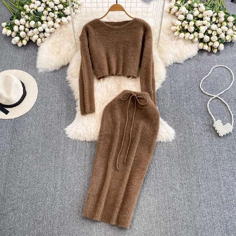 Fashionable suit for women round neck knitted sweater two-piece set S4127 Denim Fabric Leather Fabric Suede Fabric Fashionable suit for women round neck knitted sweater two-piece set S4127 Denim Fabric Leather Fabric Suede Fabric