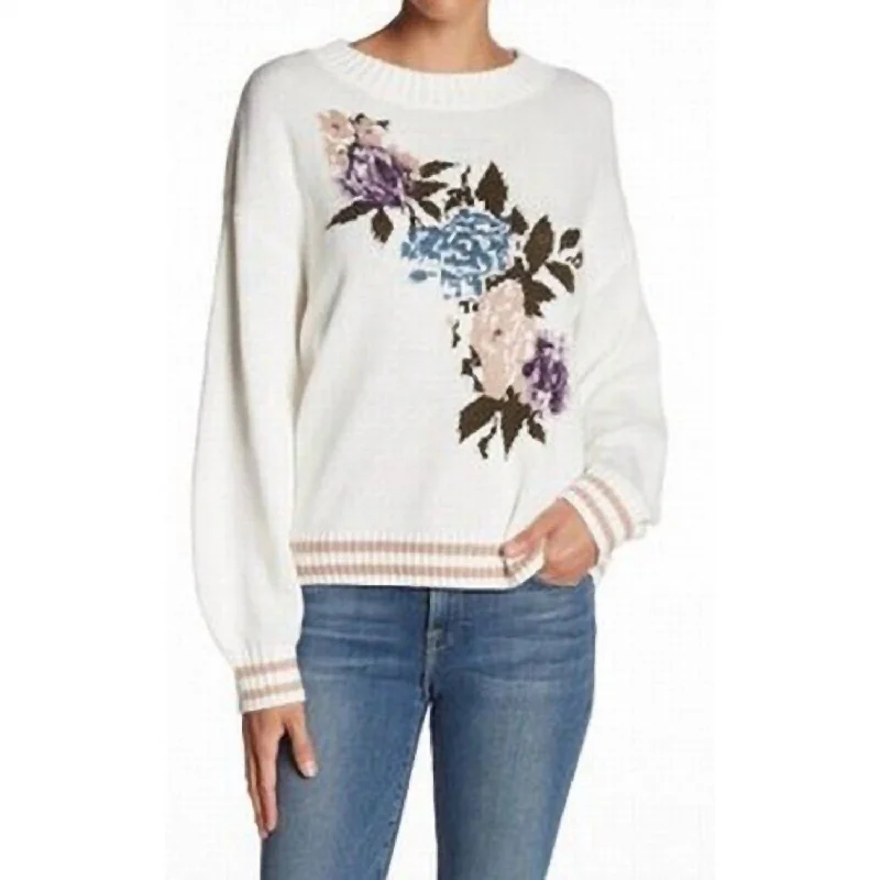 Floral Crewneck Cotton Sweater In White Boxy Sweater Fitted Sweater A-Line