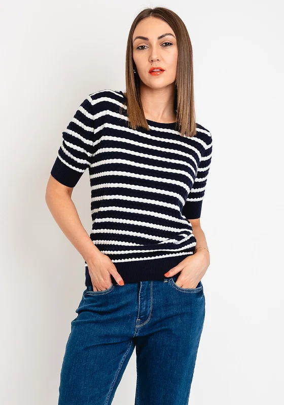 Freequent Dodo Striped Short Sleeve Knit Sweater, Navy Mesh Sweater Canvas Denim