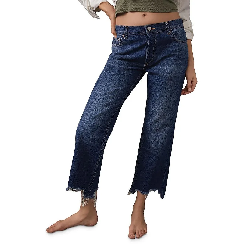 Free People Womens Denim Frayed Hem Straight Leg Jeans Comfortable Ankle Jeans