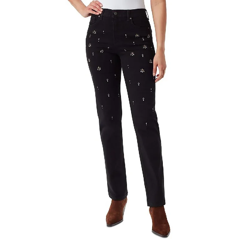 Gloria Vanderbilt Womens High Rise Embellished Ankle Jeans Fashionable Raw Hemmed Jeans