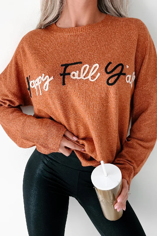 "Happy Fall Y'all" Graphic Sweater (Rust) Lace Blend Ribbed Blend Corduroy Blend