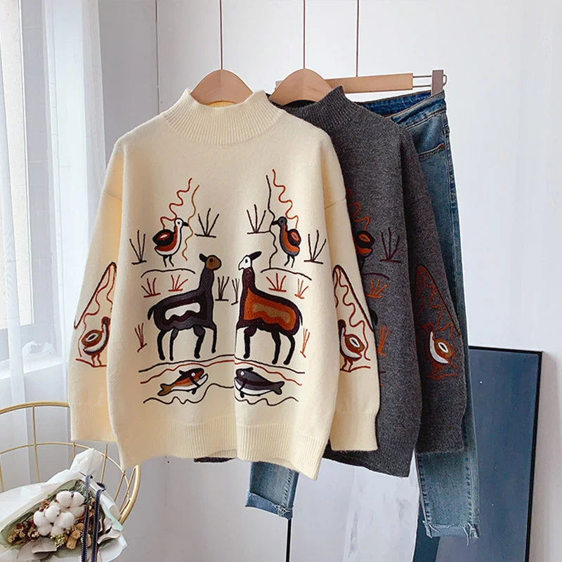 Heavy industry embroidery sweater retro Hong Kong Style half high collar  5160 Cashmere Blend Cotton Blend Poly Blend