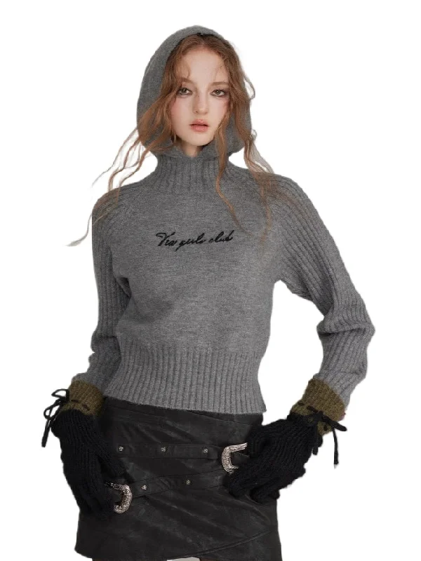 High-Neck Hoodie Knit Sweater Front Pockets Side Pockets Patch Pockets