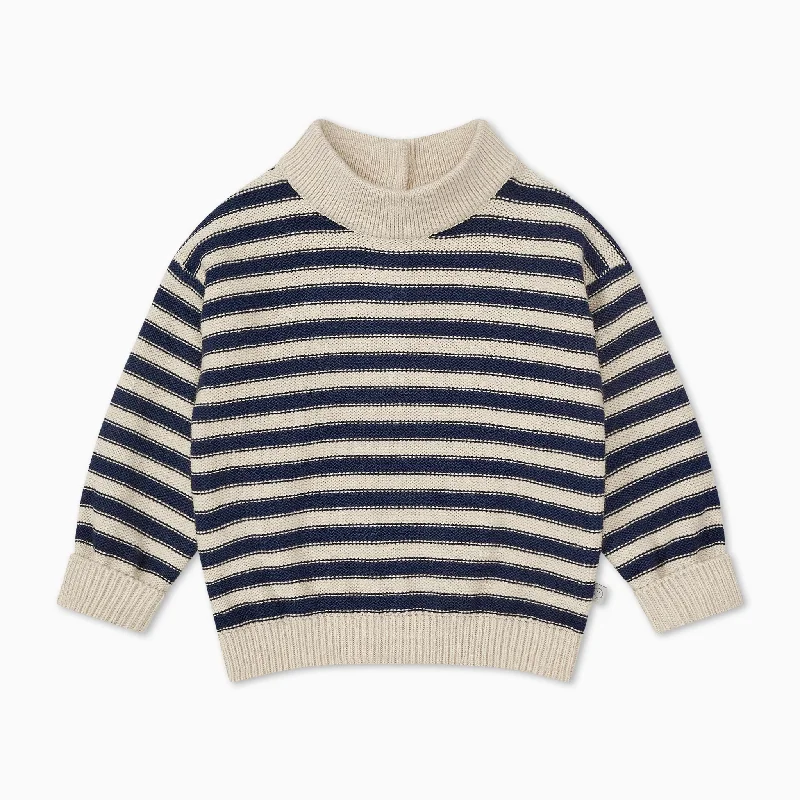 High Neck Knitted Stripe Jumper - Navy Stripe Cotton Fabric Linen Fabric Terry Fabric