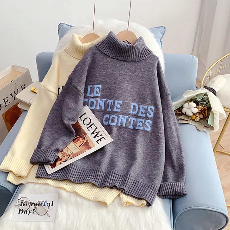 High neck sweater loose lazy coat letter sweater  5232 Jersey Fabric Tulle Fabric Batik Fabric