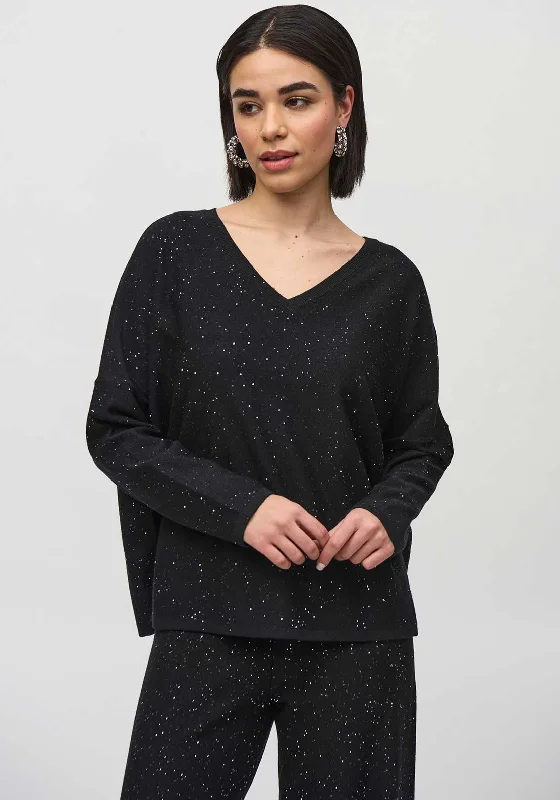 Joseph Ribkoff Embellished V Neck Jumper, Black Beaded Sweater Sequined Faux Fur