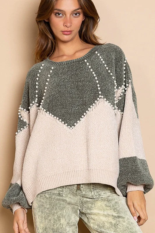 Katie Pearl Embellished Colorblock Sweater (Smoke Green) Knit Fabric Woven Fabric Fleece Fabric