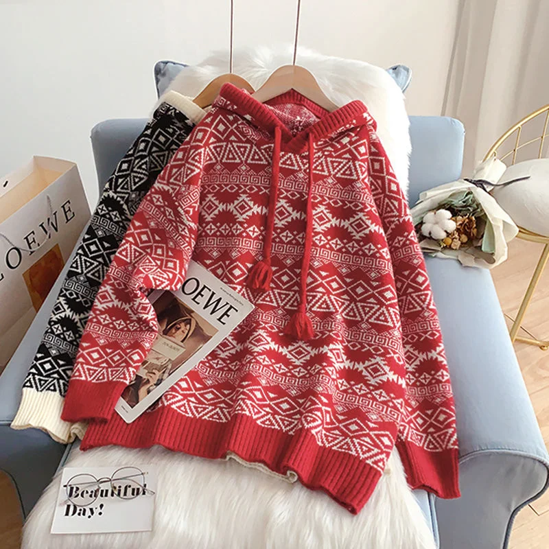 Korean retro lazy wind long sweater  5139 Print Jacquard Patchwork