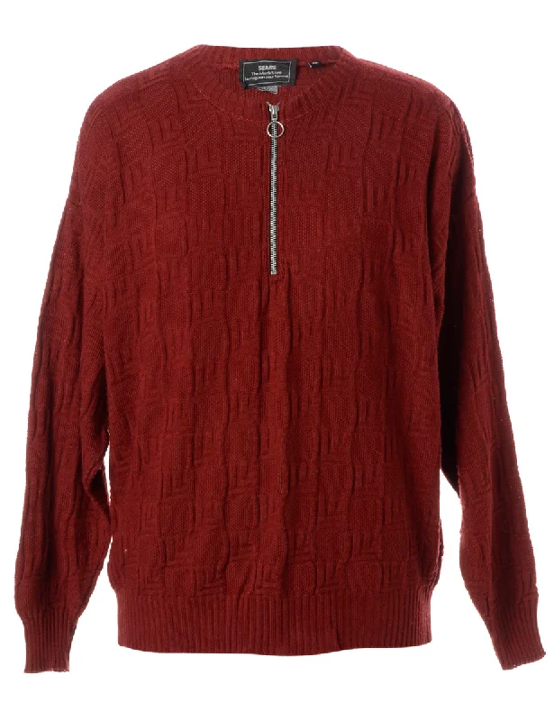 Label Burgundy Zip Front Knitted Jumper Modern Contemporary Chic