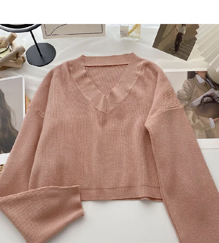 Lazy knit sweater solid V-neck Pullover Top 6677 Fleece Fabric Down Fabric Feather Fabric Lazy knit sweater solid V-neck Pullover Top 6677 Fleece Fabric Down Fabric Feather Fabric