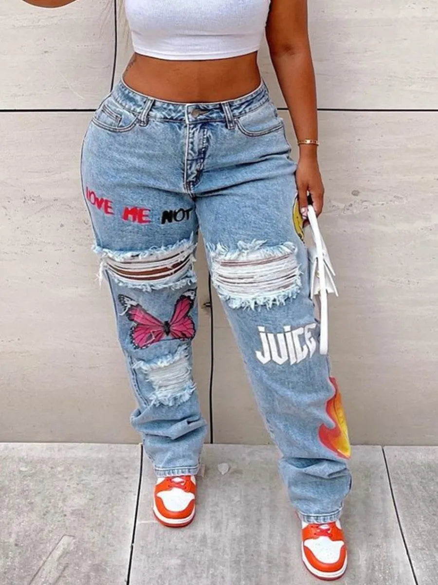 LW Plus Size Butterfly Letter Print Ripped Jeans Women Large Size Denim Trousers Trendy Patchwork Denim Jeans LW Plus Size Butterfly Letter Print Ripped Jeans Women Large Size Denim Trousers Trendy Patchwork Denim Jeans